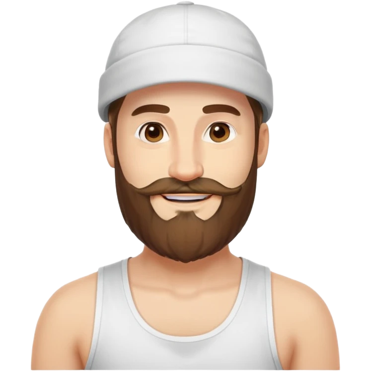 Alex Hormozi, white man with mid-long hair wearing a cap, big beard, smiling, white tank top emoji