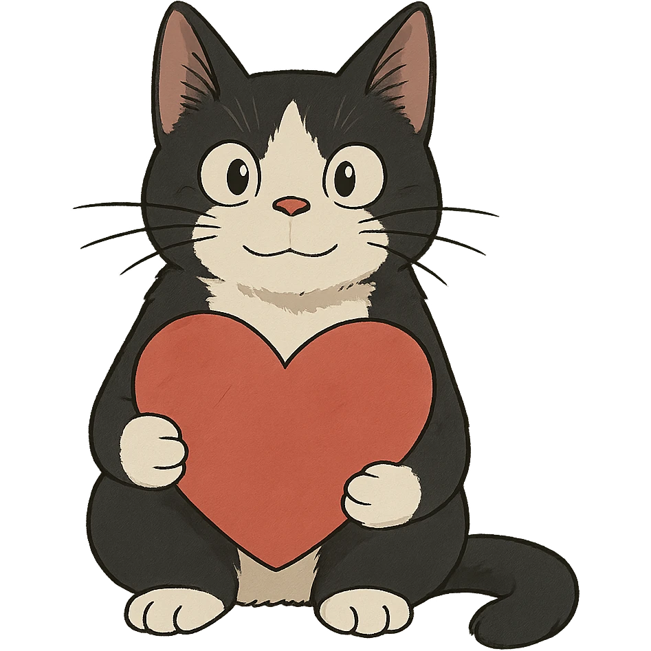 fette schwarz-weiße Katze im Anime-Stil, hält ein Herz emoji