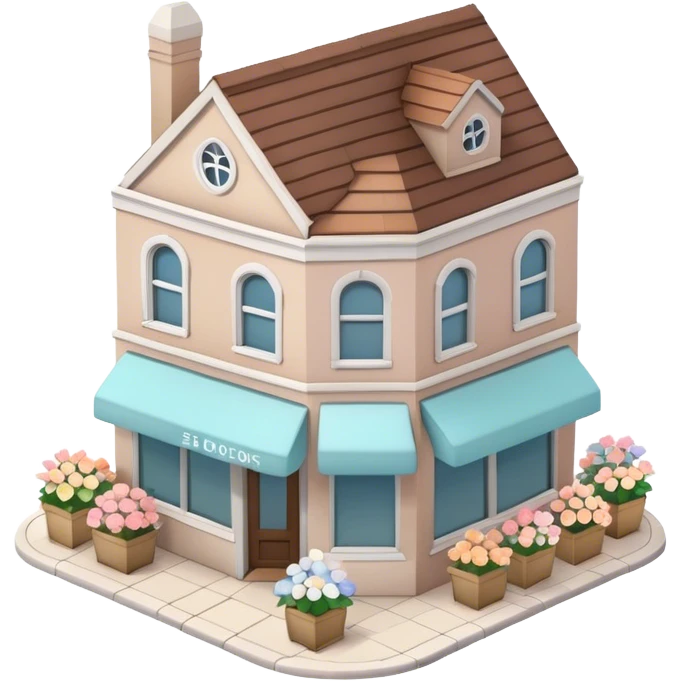 3D isometric exterior little beige and white corner flower shop with abundant pastel florals everywhere emoji