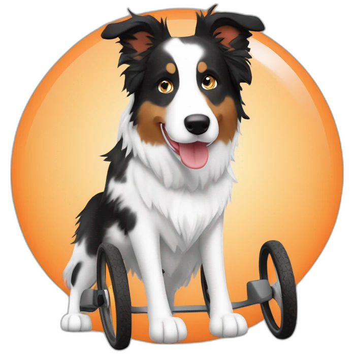 white and wheat speckled face red merle border collie in orange wheel chair emoji
