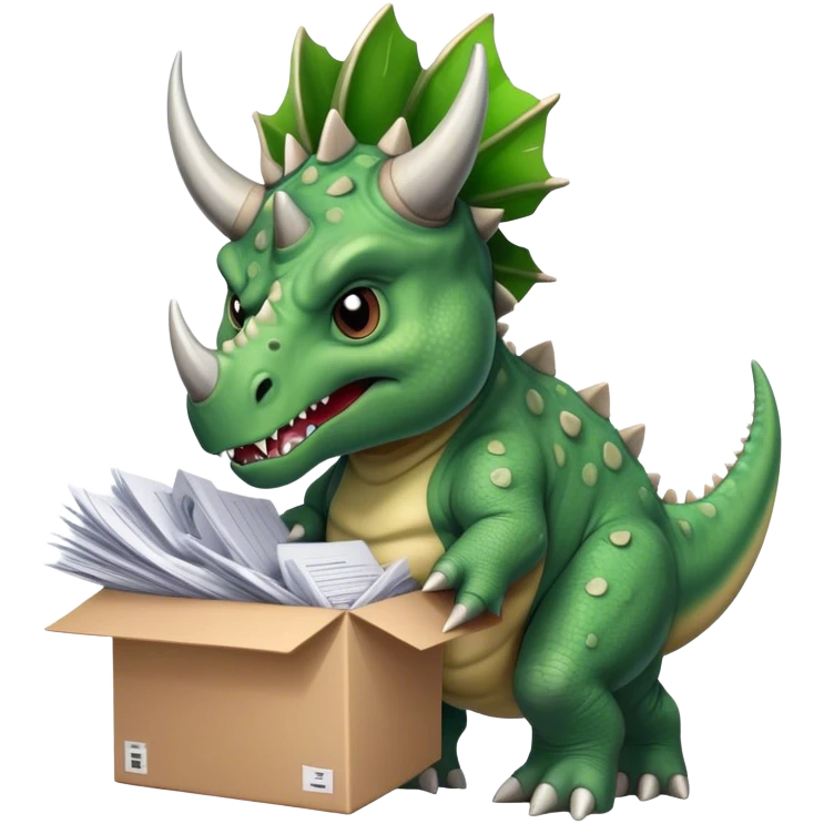 angry office triceratops holding a huge boxe bursting with a lot of documents and papers emoji