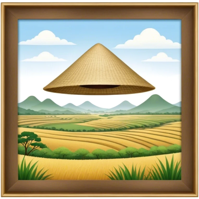 Cinematic Realistic image of an iconic conical hat (Nón Lá), rendered with detailed textures and subtle natural hues, set against a serene rural Vietnamese landscape with gentle, diffused lighting emoji