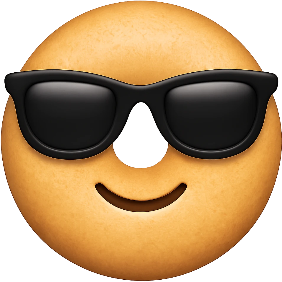 Make the dough a perfect circle with holes like a classic donut, add a textured surface, and use the same black sunglasses as the cool emoji on iPhone. Keep the background transparent. The style should resemble the iPhone emoji style with a clean and polished look. emoji