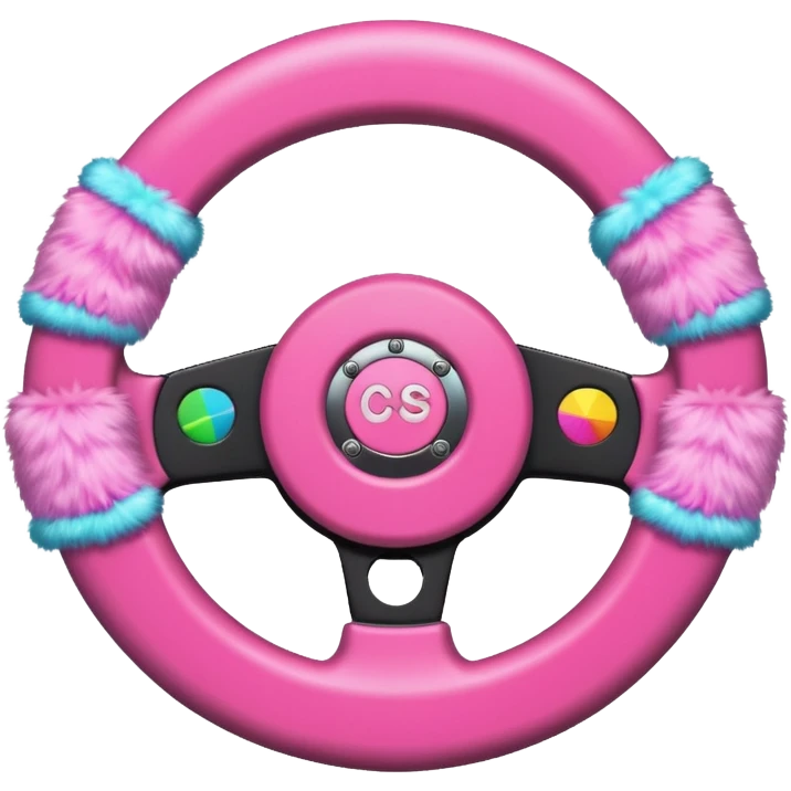 steering wheel with transgender pride flag colors and strifes , with fluffy pink handcuffs emoji
