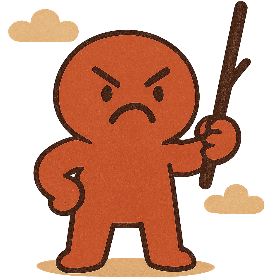 small red figure, furious face, stick in hand, bold and simple design emoji