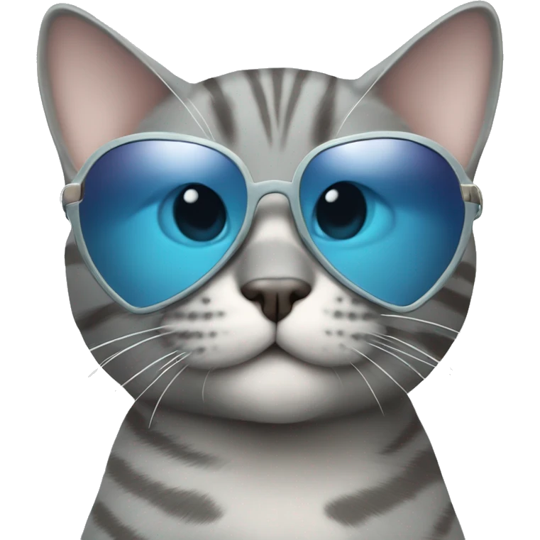 Grey tabby cat wearing light blue heart shaped sunglasses emoji