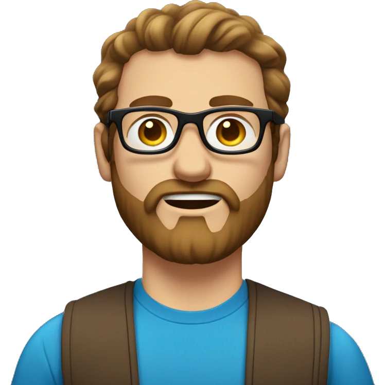Heavy caucasian young dad, with a blue shirt, with a big brown beard and black rectangle glasses and brown hair  emoji