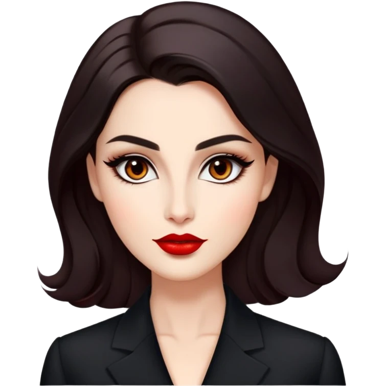 Elegant actress with luminous skin, elongated face, dark almond eyes with tasteful eyeliner, thick eyebrows, straight nose, red lips, voluminous dark hair with gentle waves, black professional attire, dignified confident pose emoji