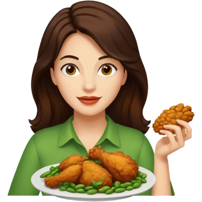 Mujer de pelo cafe oscuro y largo, y tez blanca disfrutando de un pollo frito con frijoles emoji