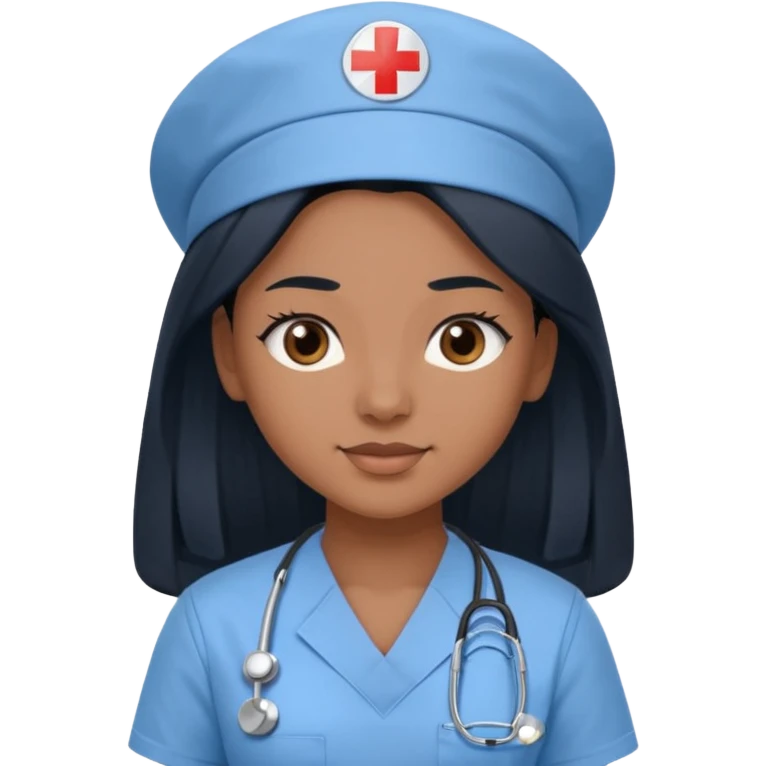 pretty brown skin nurse with long black hair and slanted brown eyes in light blue scrubs emoji