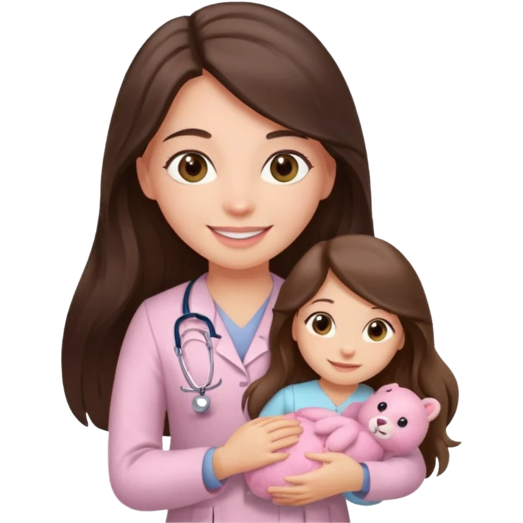 happy long haired brunette girl hazel eyes in light pink at the doctor's emoji