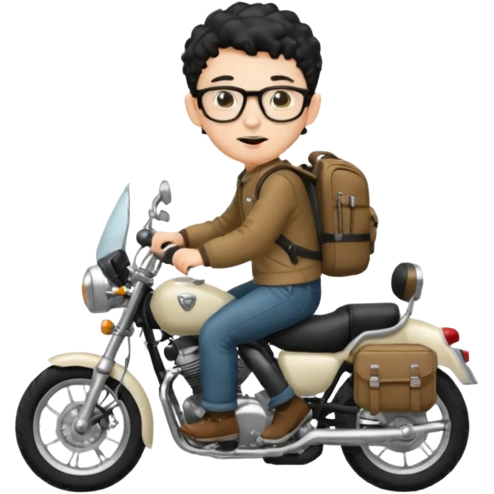 A young boy DEVELOPER WITH A backpack, black curly short hair, wearing glasses, a thin goatee, his skin is white, riding a motorcycle emoji