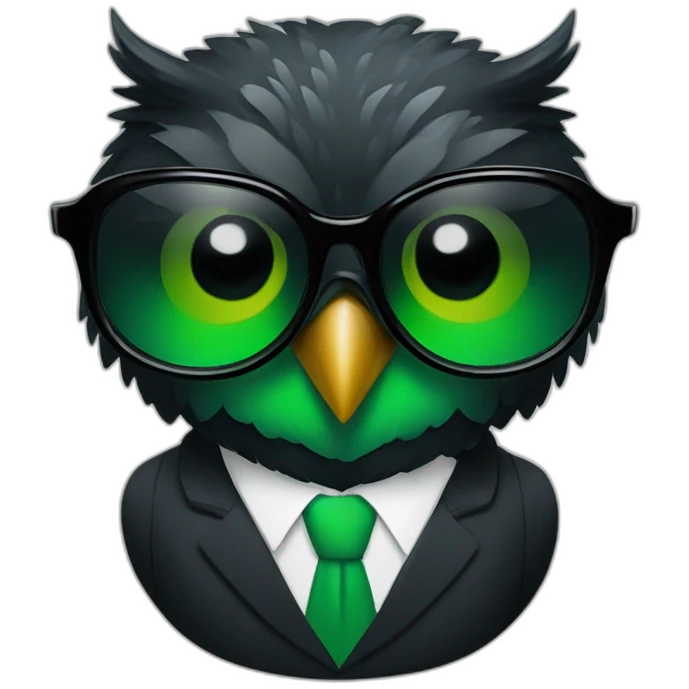 black and green owl in a suit with sunglasses emoji