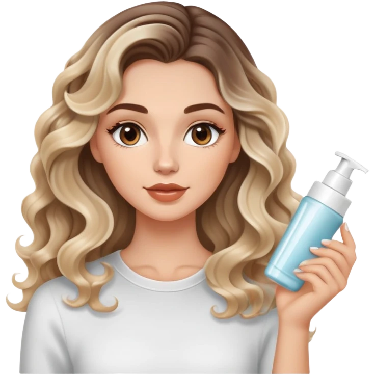 beautiful brunette with a slightly blonde balayage white girl with nice curls/defined waves, very long hair, clean girl makeup APPLYING A FACE CREAM ON HER FACE emoji