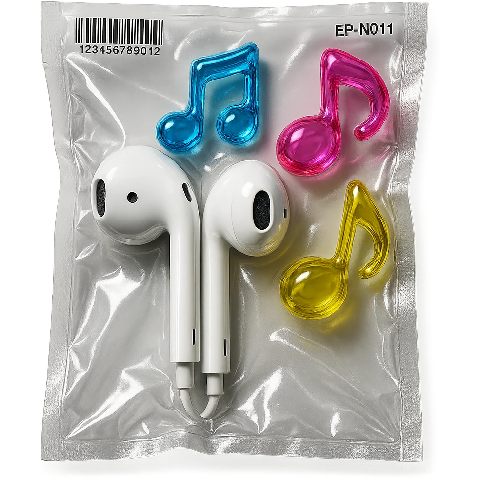pair of white EarPods with three floating glass music notes in blue, pink, and yellow, shiny and puffy emoji