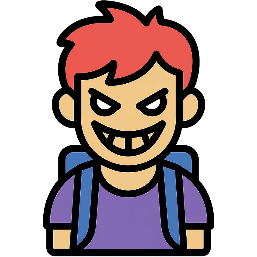 character with red hair, sinister smile, small backpack, clean modern icon style emoji
