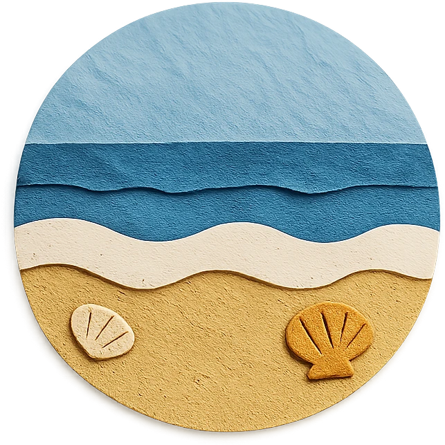 view of the ocean from the beach with sand, shells, and gentle waves, blue and white emoji