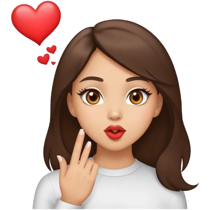 Light skin brunette with light brown eyes blowing a kiss and little heart on the air emoji