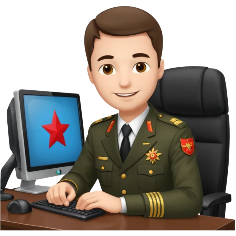 Мужчина в российской прокурорской форме, сидит за компьютером с улыбкой emoji