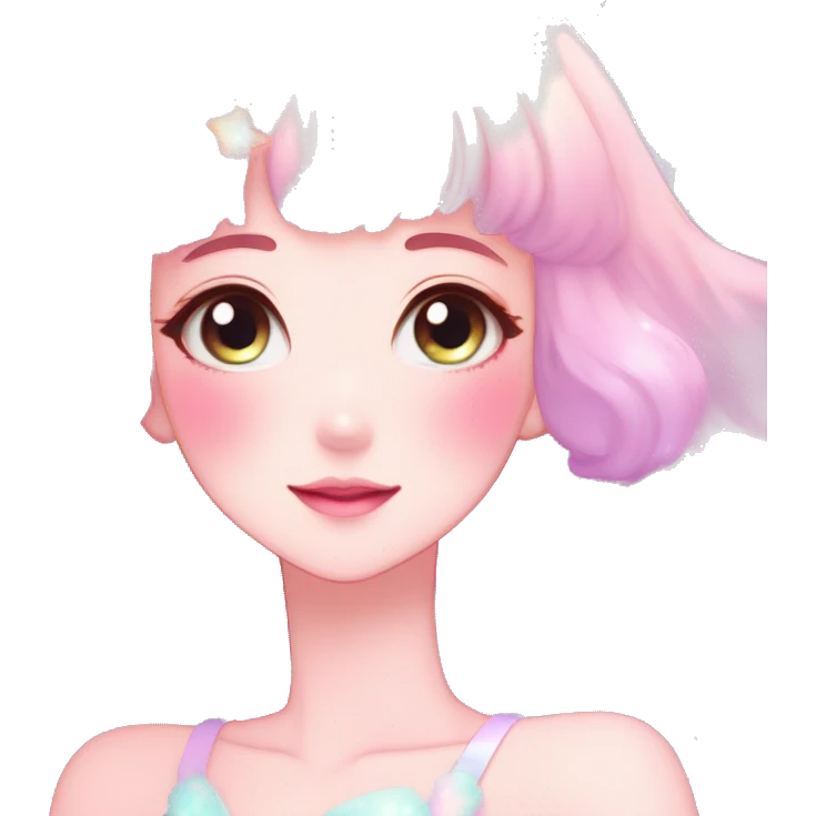 Gorgeous pastel anime style lady blushing nebula-gradient-sparkle face dreamy idol model colorful shiny stars galaxy kawaii cottagecore pearly petite simplistic aesthetic trending style emoji