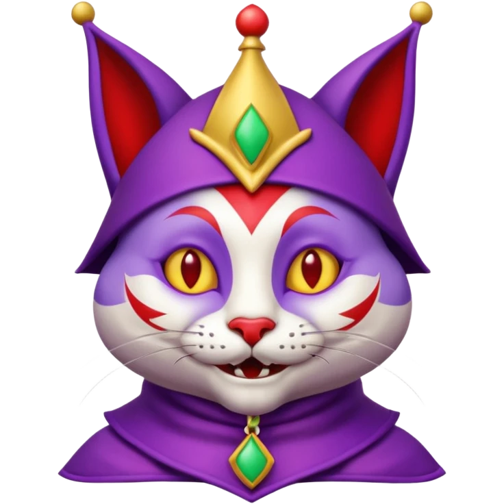 crazy colorful cute little cat jolly joker from poker, medieval, vintage, court jester, mac os icon, purple, gold and red color, half body. Squared shape as 3D mac os icon emoji