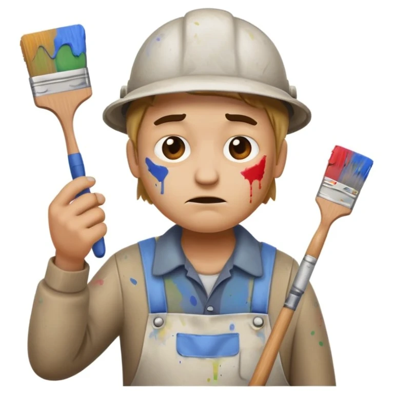 clumsy amateur house painter emoji wearing old dirty clothes with paint stains, no protective gear or hat, holding a broken paintbrush, looking confused or frustrated, paint splatters on face and hands, messy background emoji