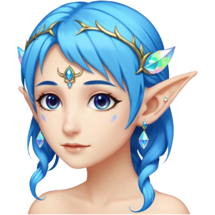 portrait of blue haired Elvish fae shiny sparkly iridescent translucent diaphanous ear climber ear cuff emoji