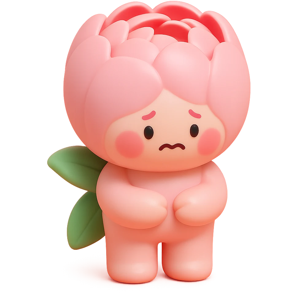 pink peony flower with a round plump body, blushing cheeks, nervous expression, vinyl figure style emoji