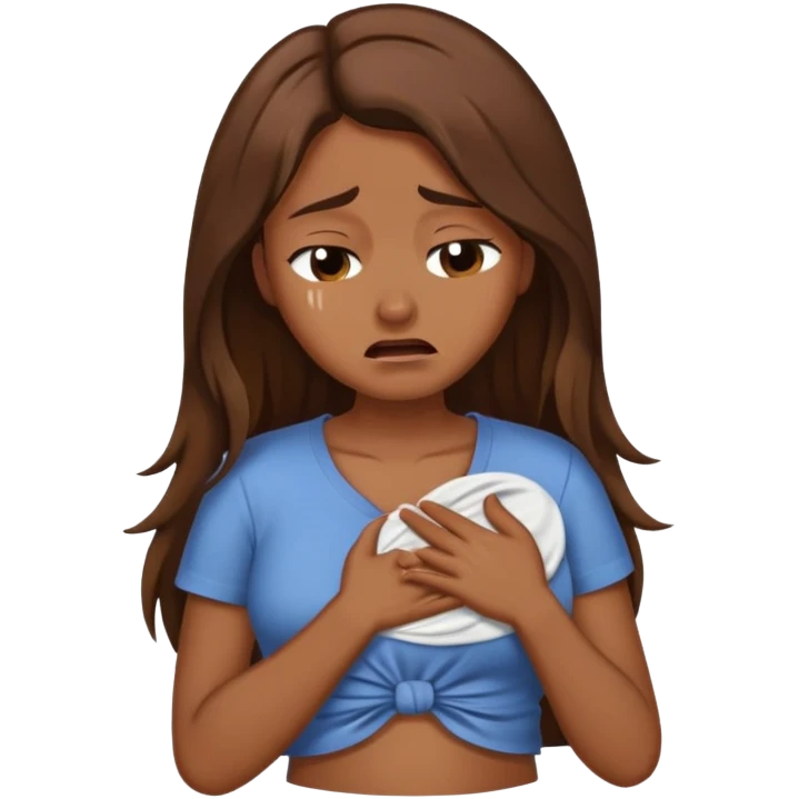 Crying women with long brown hair rubbing stomach with shirt on emoji