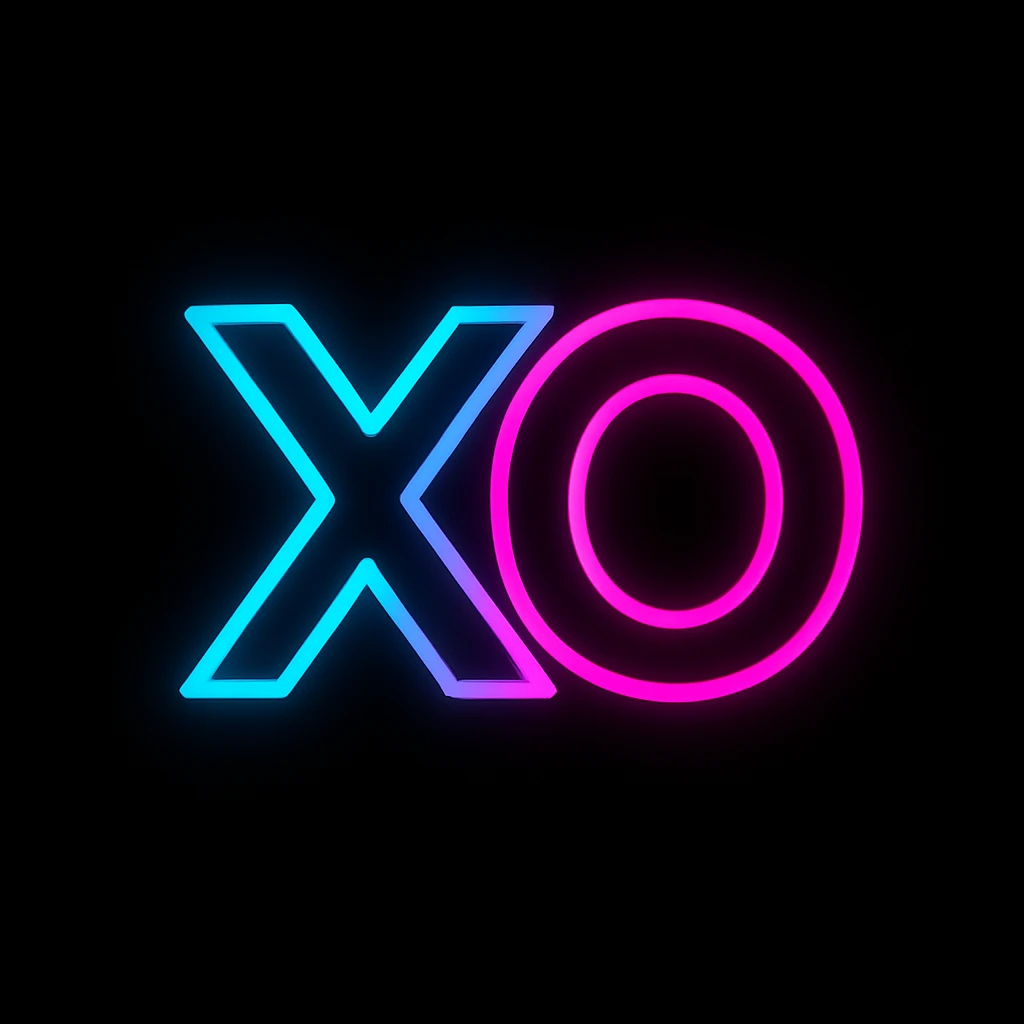 logo with 'X' and 'O' arranged creatively, neon blue and pink, black background, futuristic and eye-catching emoji
