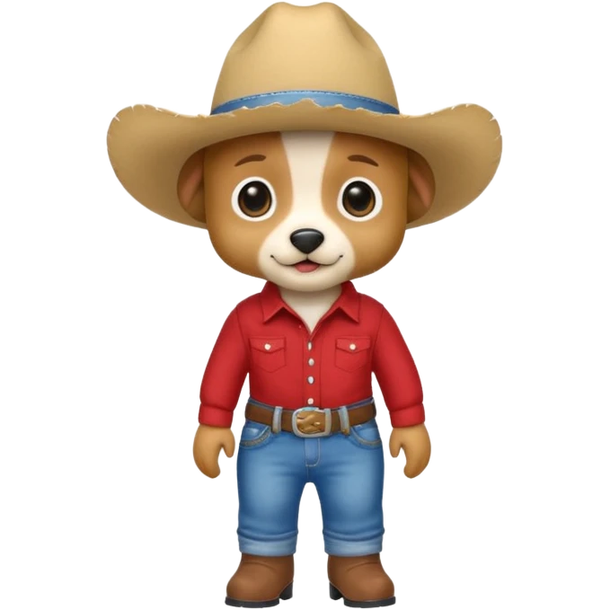 Steampunk a very cute and adorable anthropomorphic puppy with a cowboy hat ,red shirt and blue jeans and white boots is walking  emoji