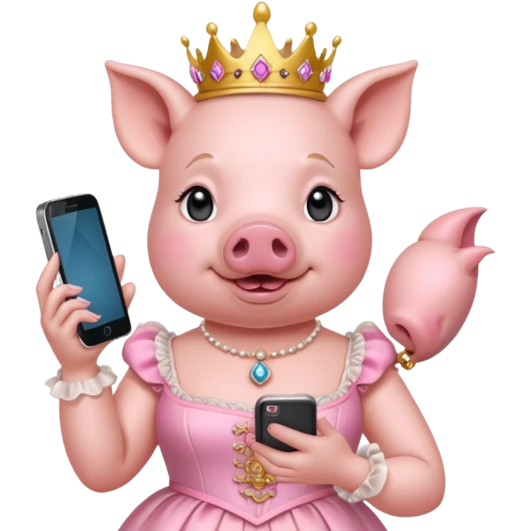 Pig princess in rococo finery holding a cell phone emoji