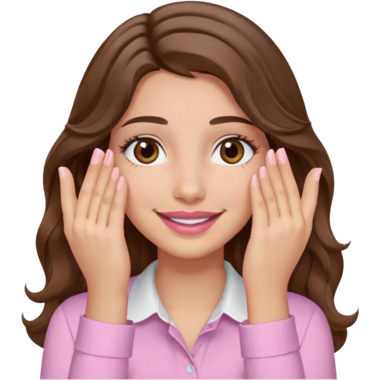 girl with wavy long brown hair, brown eyes, light to medium complexion, long lashes, light pink lipstick, wearing light pink shirt, smiling, hands covering over the eyes emoji