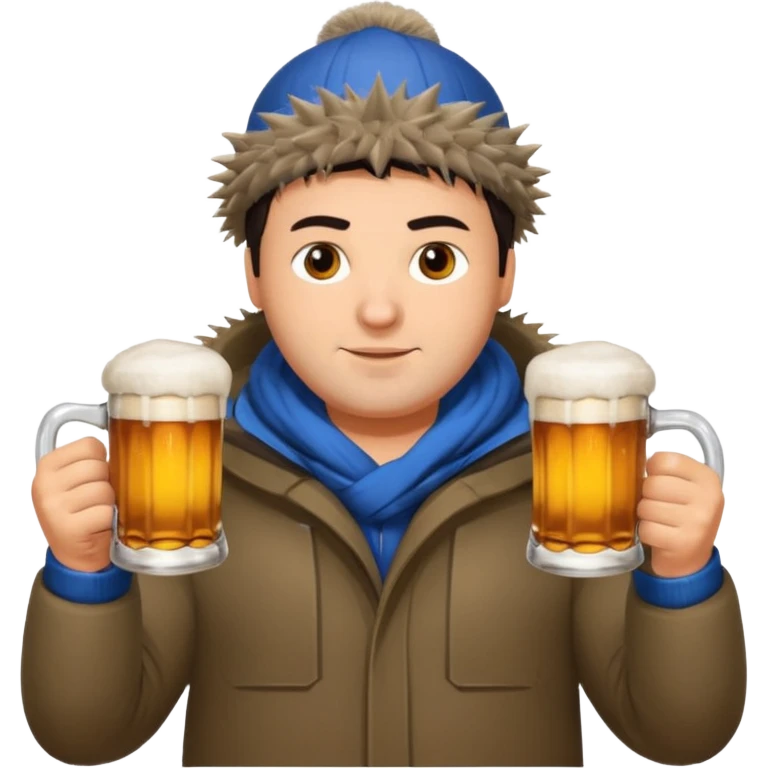 big slavic guy sitting in yoga pose, spiky short dark hair, holding beer mugs in two hands, winter dressed emoji