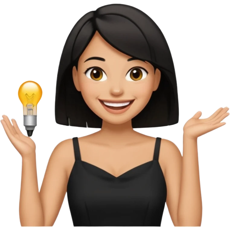 black short shoulder length hair tanned woman, black dress doing girly things emoji
