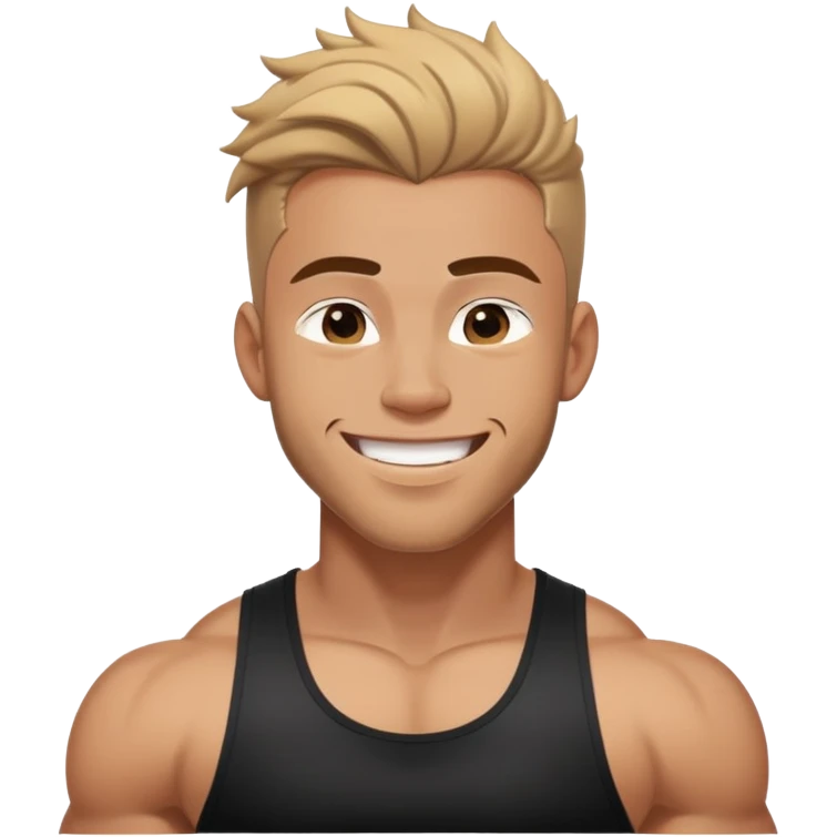 Its joshua seventeen with big muscles and black tank top, the hair is down and kinda wet, and the facial is smiling  emoji