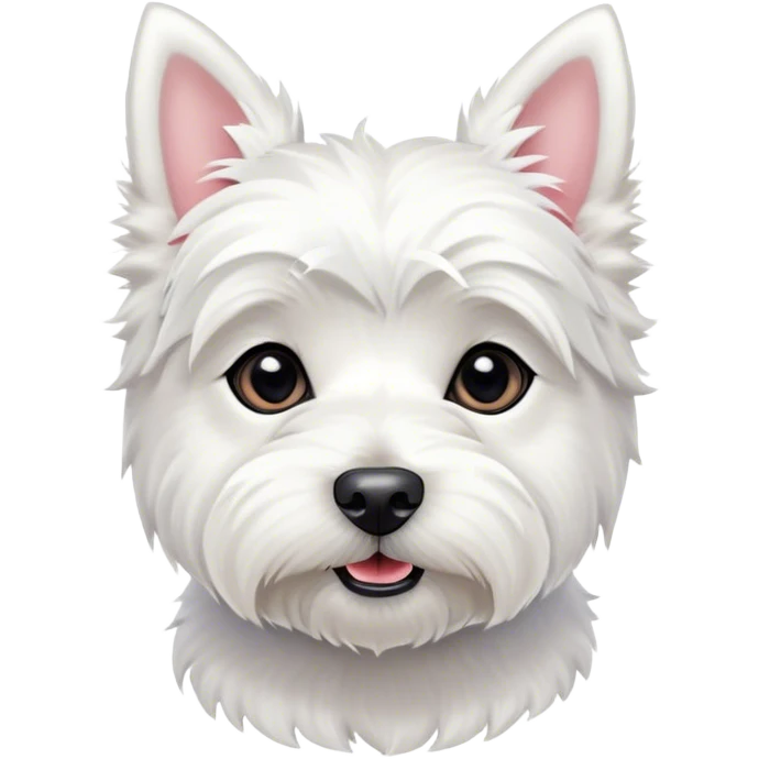Cinematic Cute West Highland White Terrier Portrait Emoji, Head tilted playfully and inquisitively, featuring a fluffy, immaculate white coat with perky ears, round, sparkling dark eyes filled with curiosity, Simplified yet irresistibly adorable features, highly detailed, glowing with a warm, friendly glow, high shine, affectionate and lively, stylized with a touch of whimsy, bright and endearing, soft glowing outline, capturing the essence of a mischievous yet loving pup, so playful it feels like it could bound out of the screen and into your arms! emoji