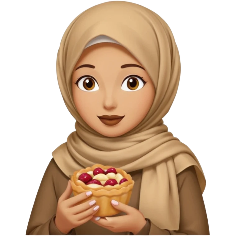 a woman wearing a pashmina hijab is eating emoji