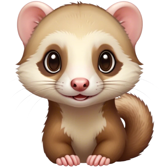 Cinematic Cute Ferret Portrait Emoji, Head tilted playfully, with an elongated, flexible body and a characteristically curious expression, featuring a short, pointed snout, bright, sparkling eyes, and soft fur in warm brown and cream tones, Simplified yet irresistibly adorable features, highly detailed, glowing with a warm, friendly glow, high shine, affectionate and lively, stylized with a touch of whimsical mischief, soft glowing outline, capturing the essence of a fun-loving and mischievous ferret that feels like it could scamper straight into your heart! emoji