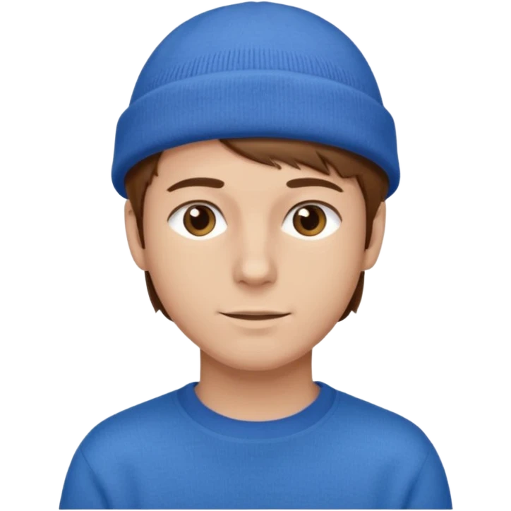 uomo giovane, capelli marroni, pelle chiara, cappello blu e maglione marrone chiaro emoji