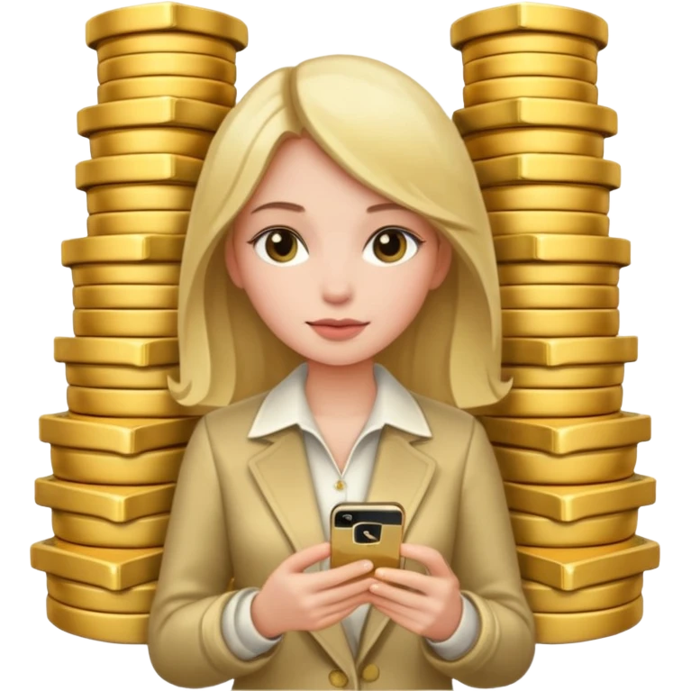 Девушка одета роскошно, в руках айфон, вокруг много денег, прям мешки денег  emoji