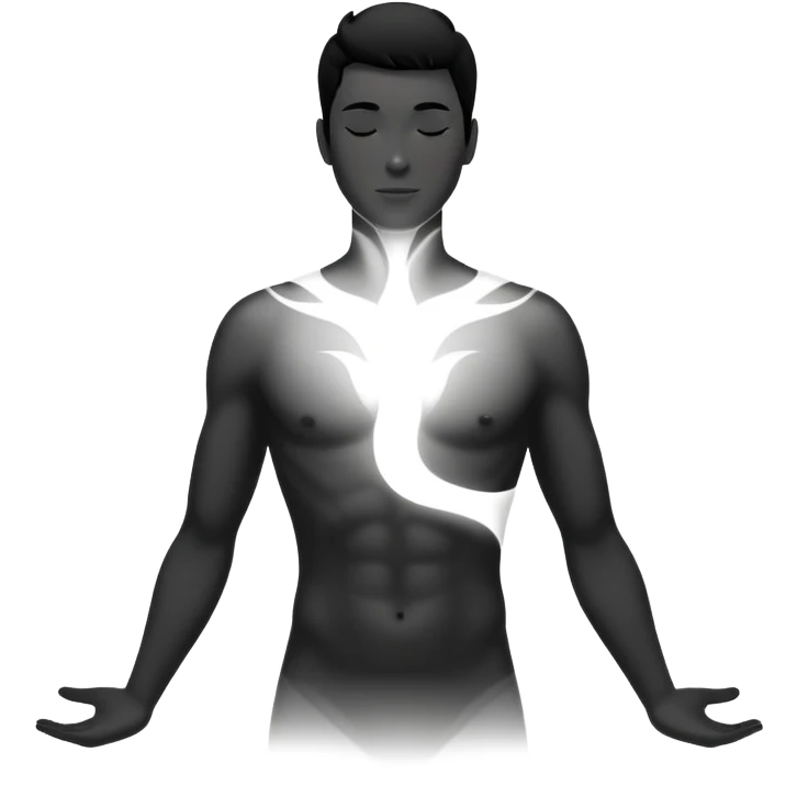minimalist b&w male silhouette with flowing black-and-white curves across the lower body, now overlaid with a small, softly glowing spark or radiant light near the chest or head — symbolizing inspiration, inner fire, and creative energy awakening” emoji