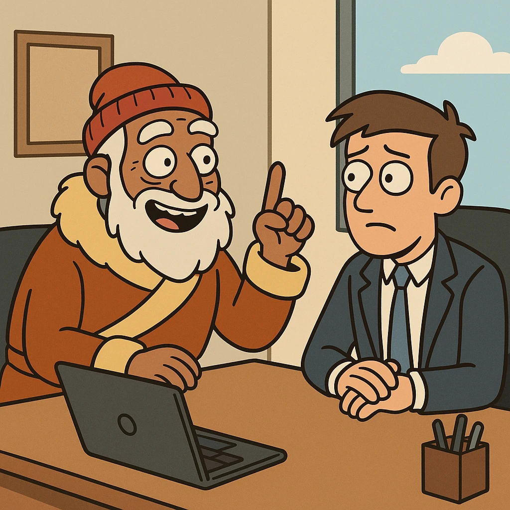 flat toon style sherpa giving business advice to a person in an office setting emoji