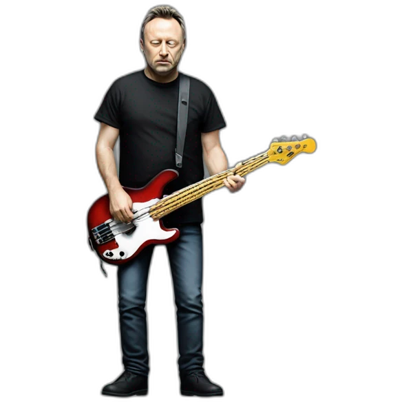 photo realistic Peter Hook from Joy Division, playing black bass guitar, standing, full body, front view emoji