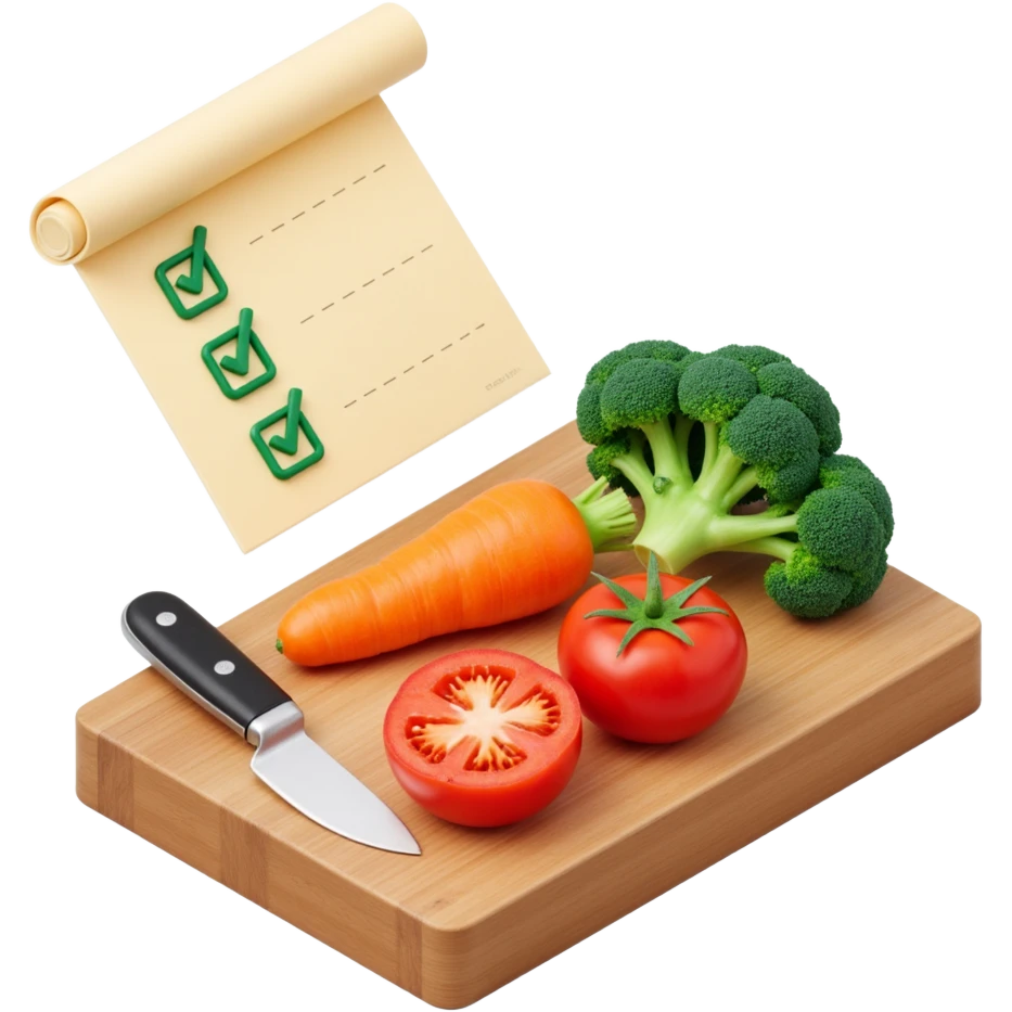 carrot tomato brocoli on the wooden cutting board with floating rolled paper list with green checkboxes emoji