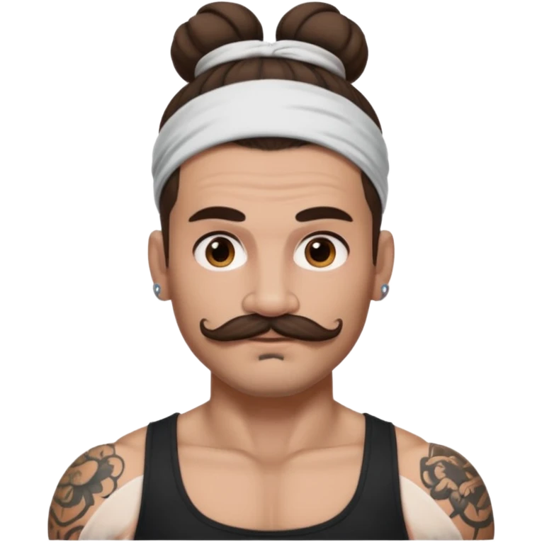 single big bun brunette hair man and mustache and face tattoos very heavy and headband emoji