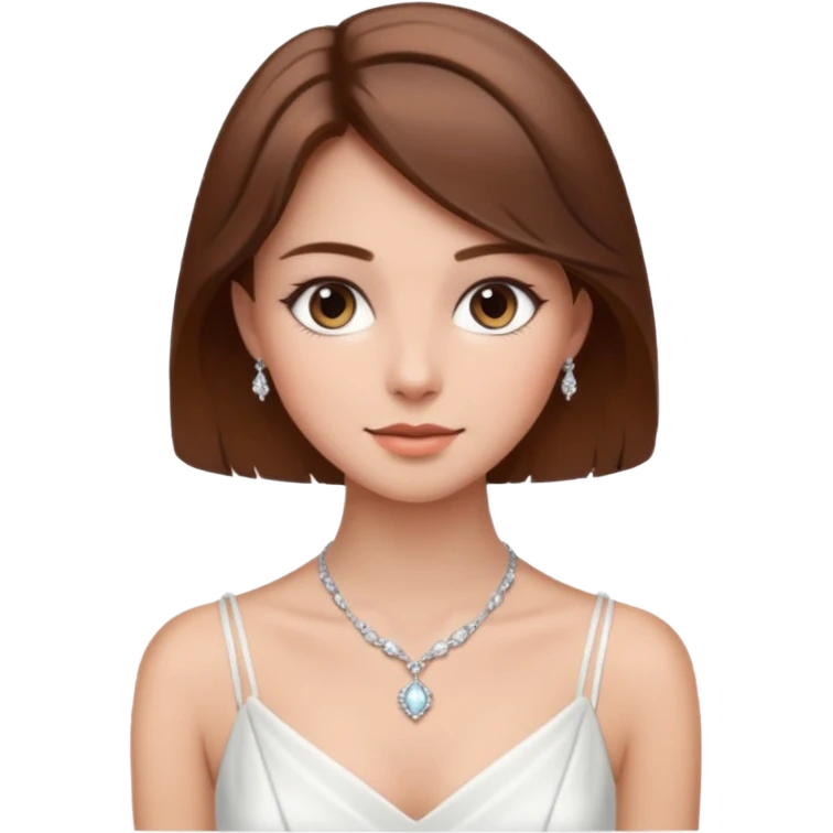 a middle brown hair girl with elegant white dress, wearing necklace, wearing makeup emoji