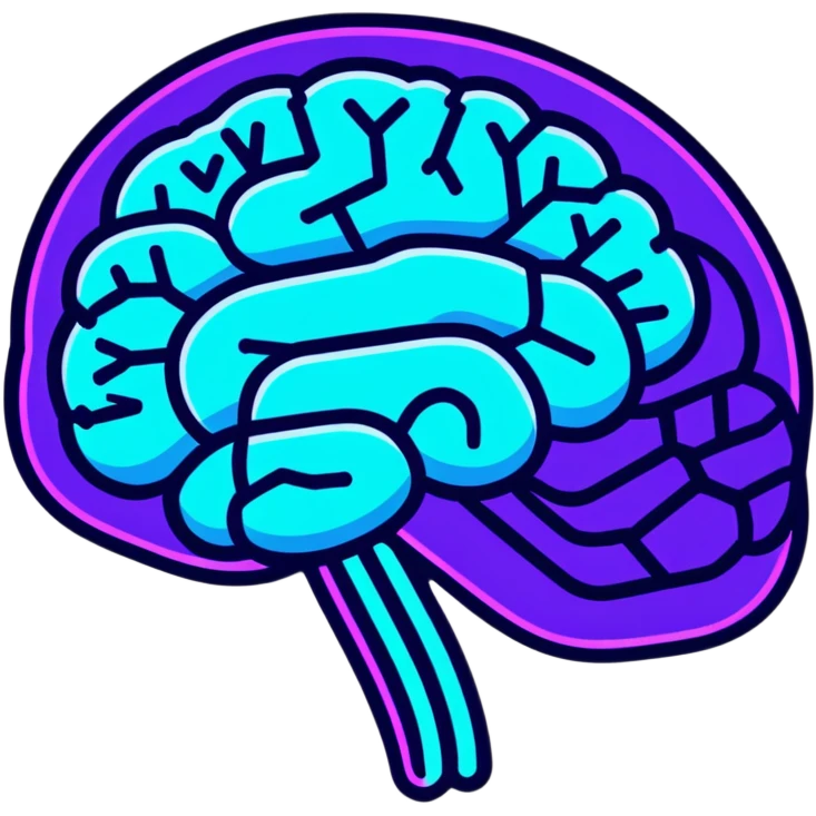brain with neon glow effect, blue neon glow on top left, purple neon glow on bottom right emoji