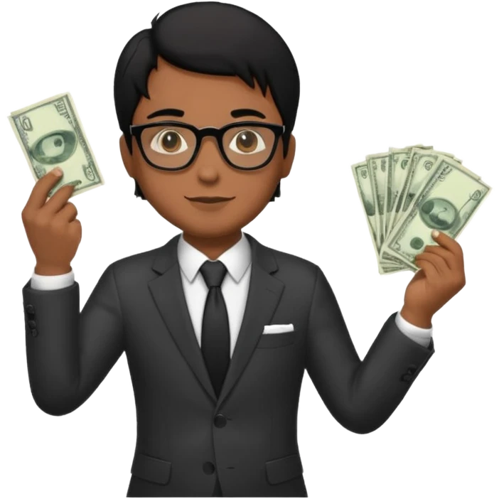 Rich man holding money with his left hand, wearing suit and glasses black hair, brown skin emoji