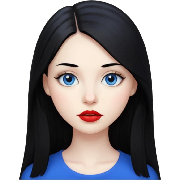 20 yr old woman long straight black hair, pale skin, blue eyes, red lipstick emoji